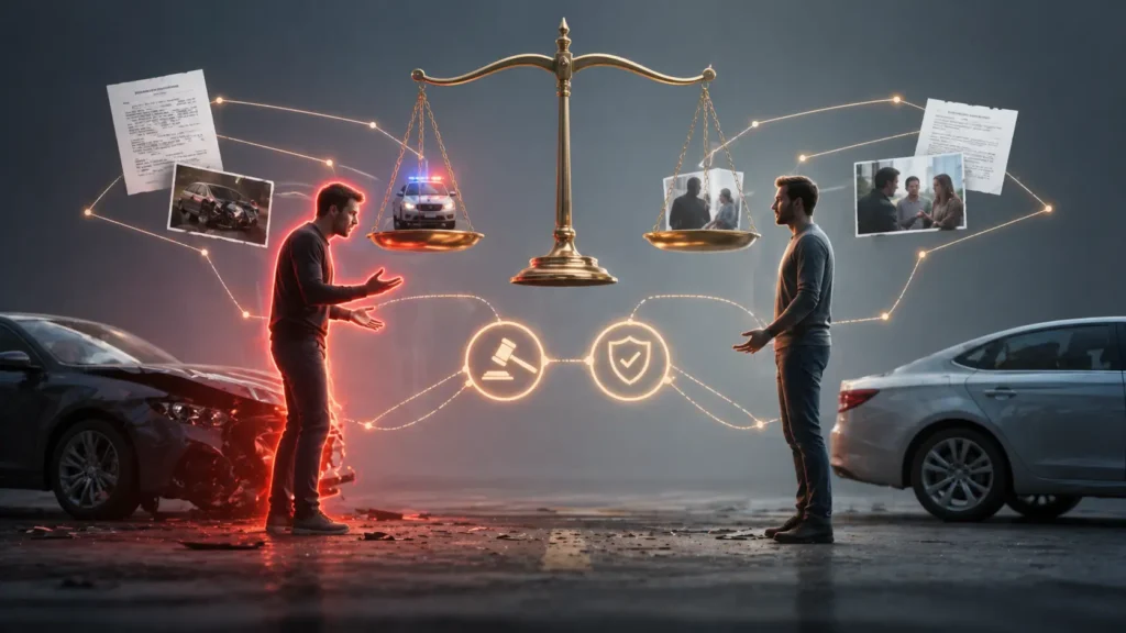 Conceptual illustration showing liability and negligence in an accident with one party at fault and legal evidence balanced on a scale of justice