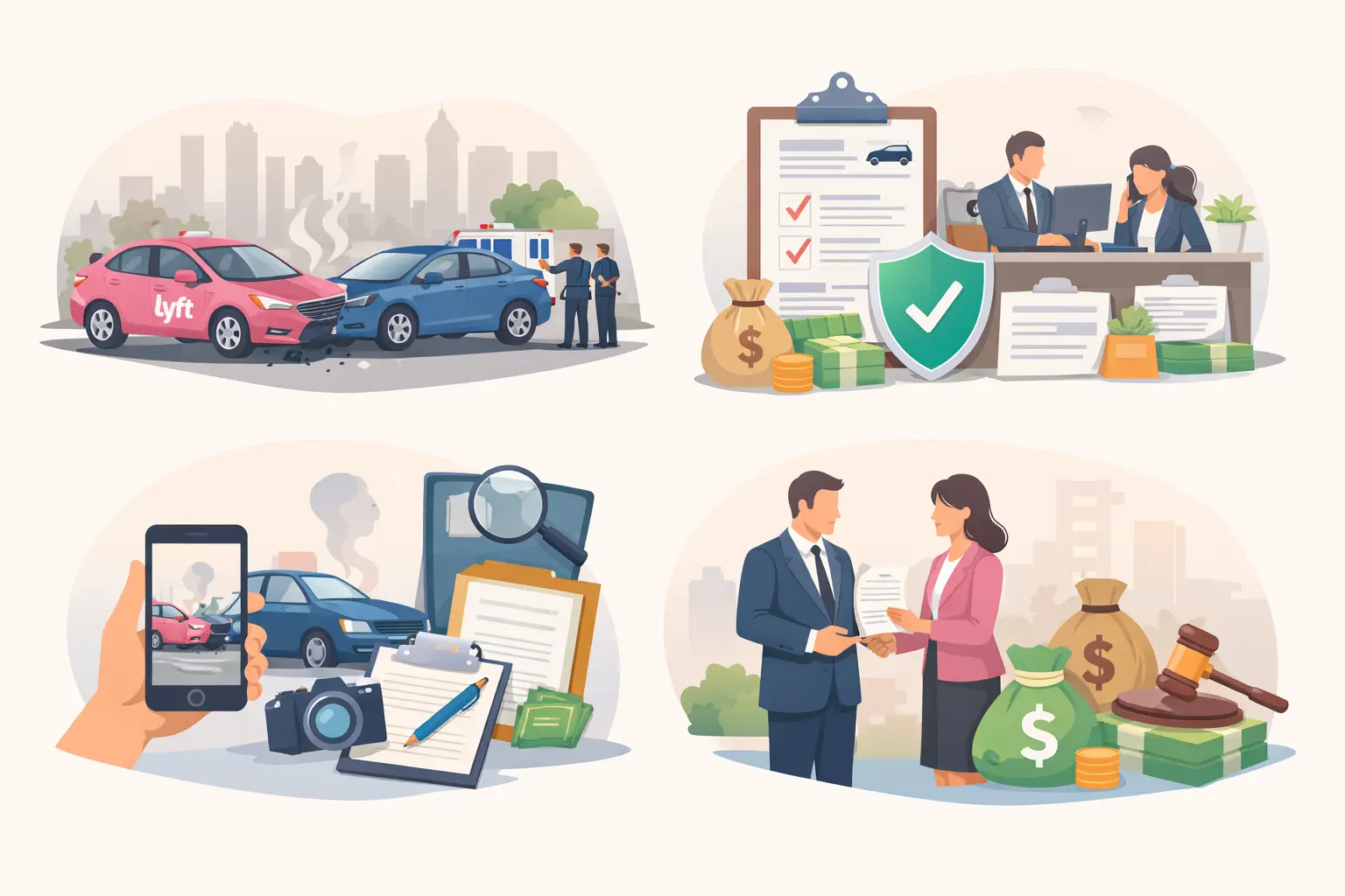 Infographic showing Lyft accident claim process in Atlanta, including accident scene, police report, insurance claim, lawyer review, and settlement payment.