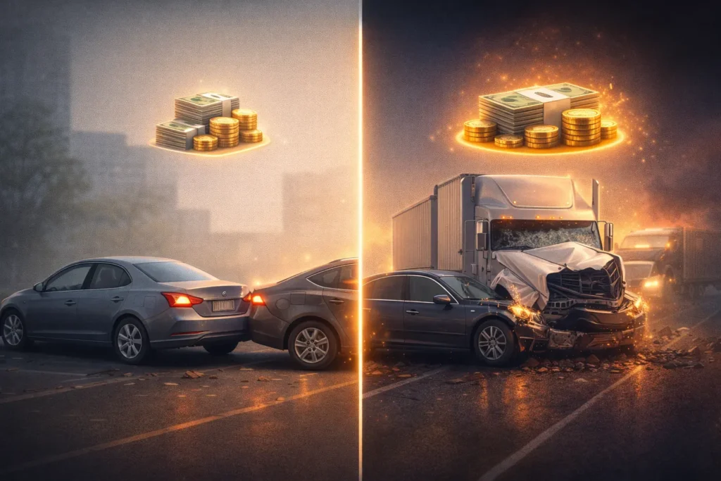 Comparison of minor car accident and severe truck accident showing difference in injury severity and settlement value
