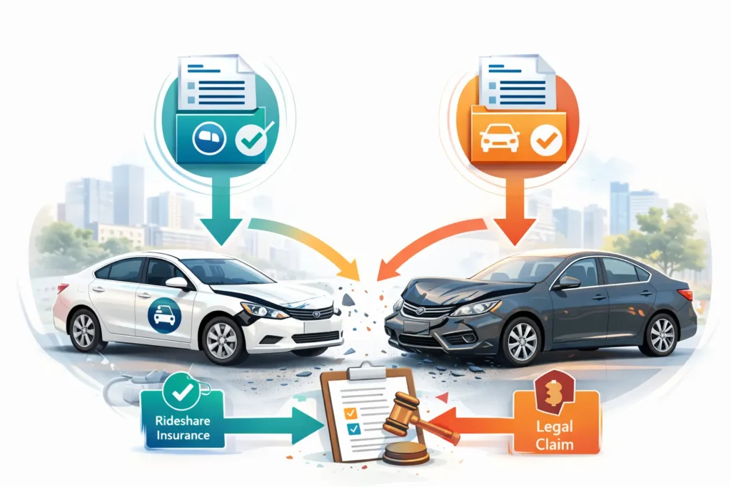 Illustration showing a rideshare car and another vehicle involved in an accident with arrows pointing to insurance documents and legal claim icons representing multiple insurance claims and shared liability.