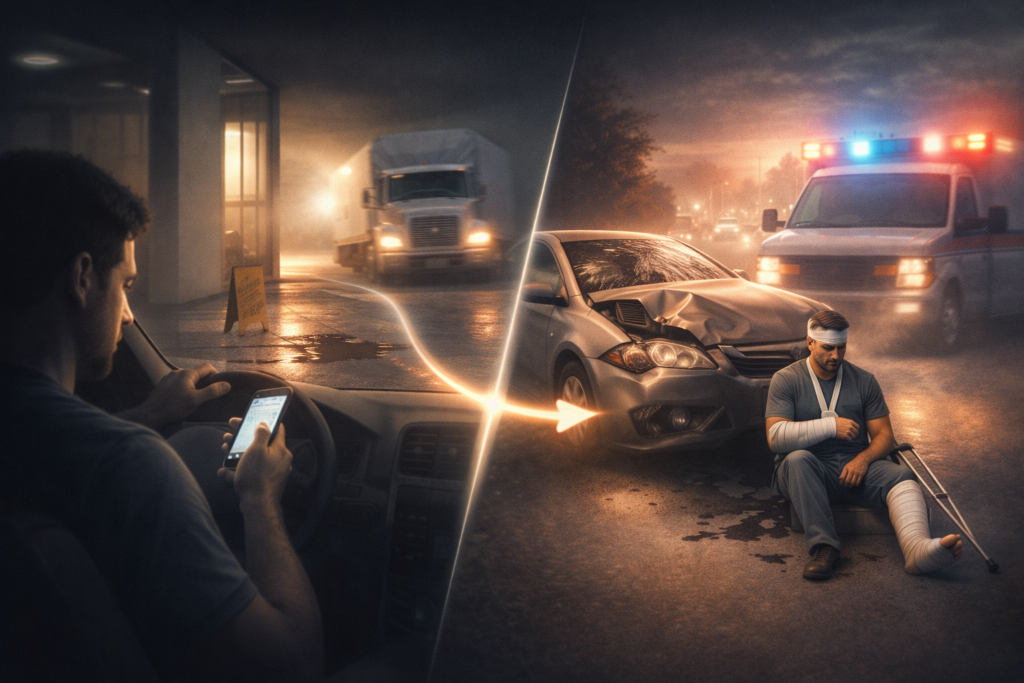 Split scene showing negligent actions like distracted driving and unsafe conditions leading to accident injuries illustrating cause and effect in negligence cases