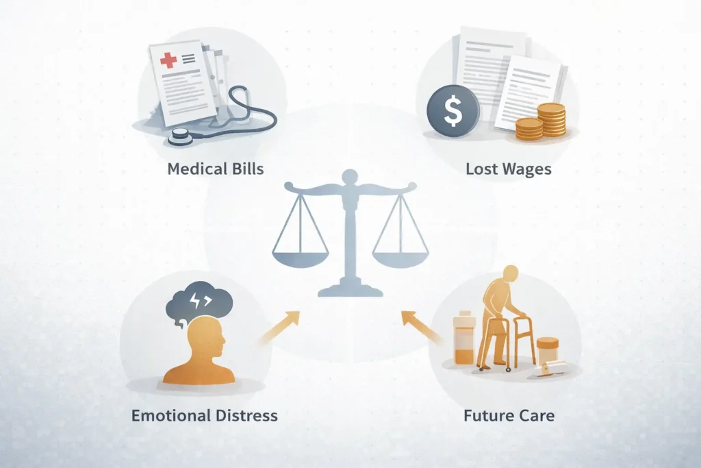 Infographic showing compensation in negligent security claims including medical bills, lost wages, emotional distress, and future care