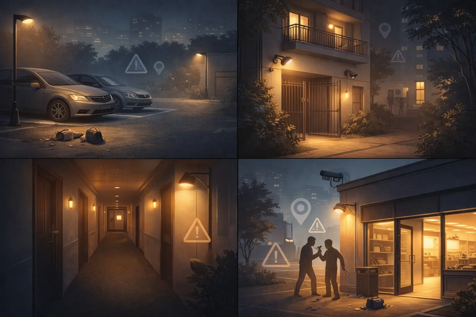 Illustration showing negligent security incidents in parking lots, apartments, hotels, and retail locations