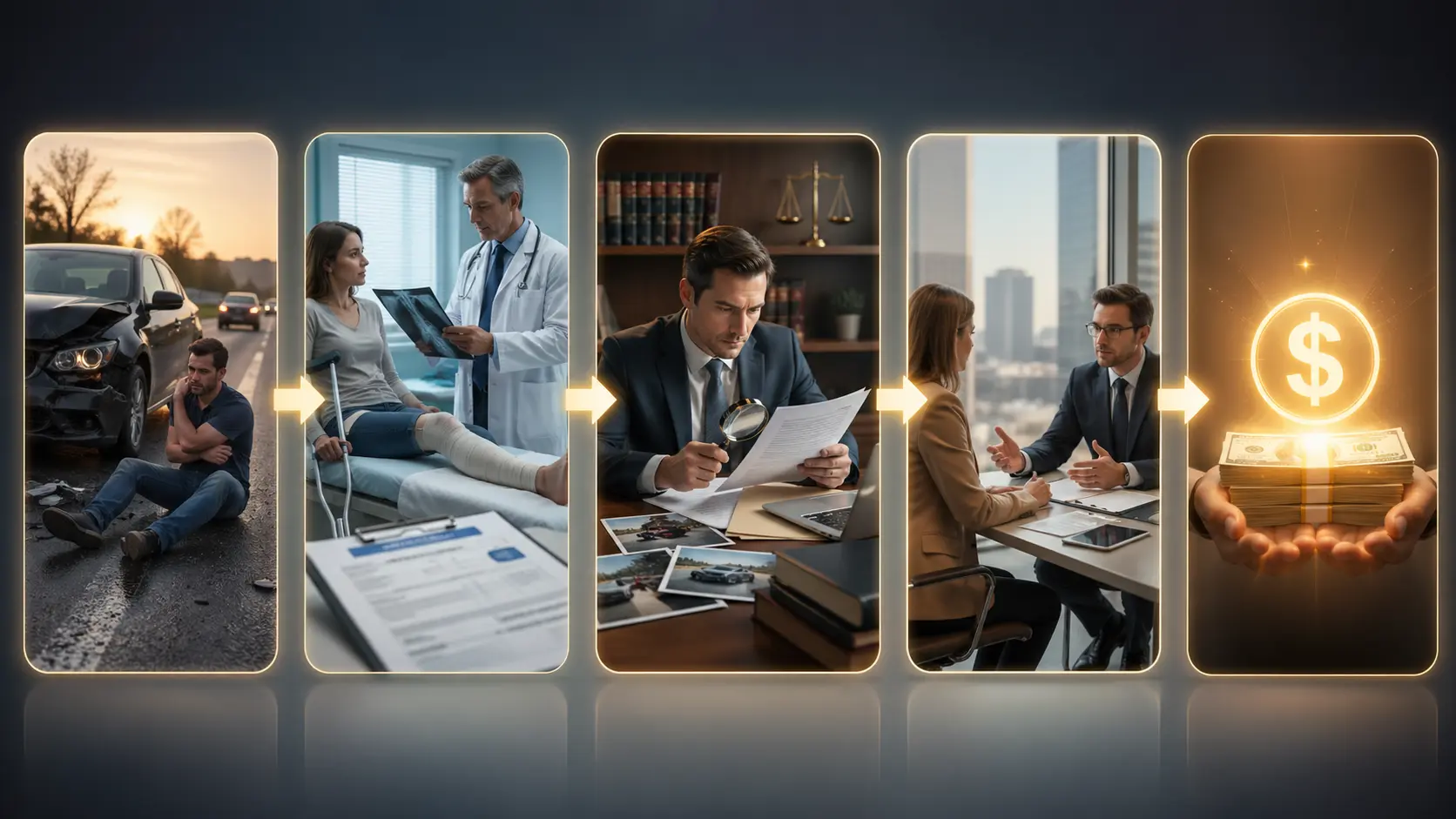 Step-by-step personal injury claim process showing accident scene, medical treatment, lawyer case review, insurance negotiation, and final settlement outcome
