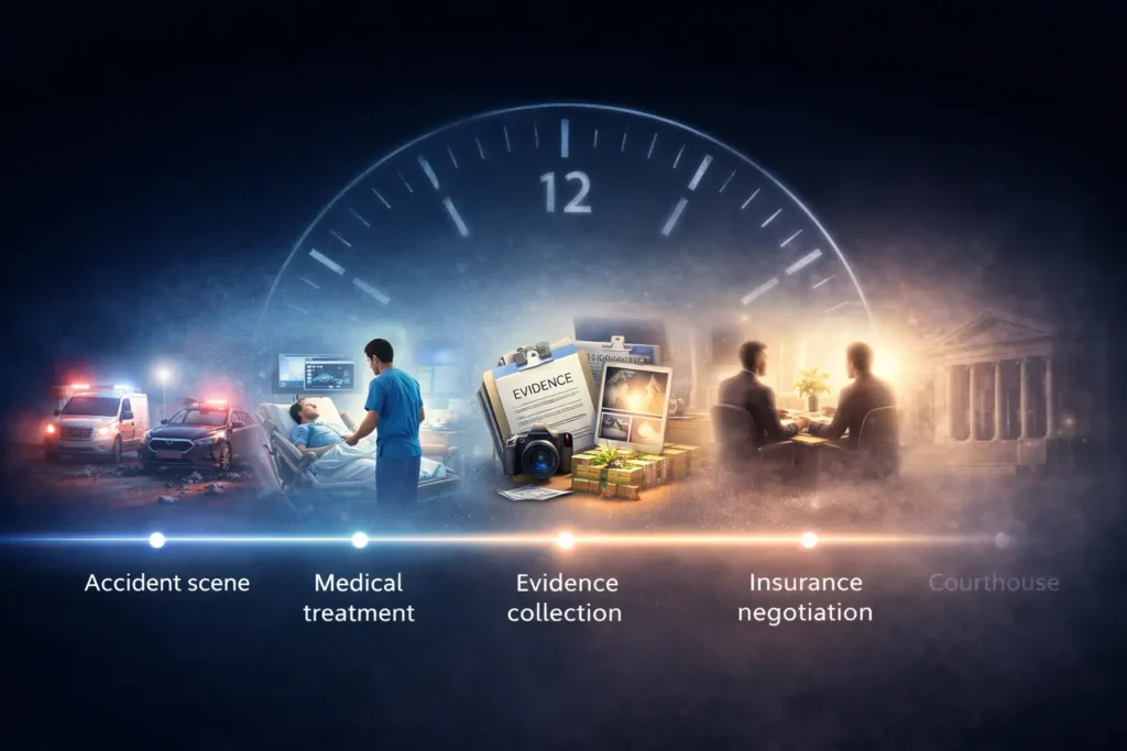 Visual timeline showing accident, medical treatment, evidence collection, insurance negotiation, and courthouse with fading clock representing statute of limitations impact