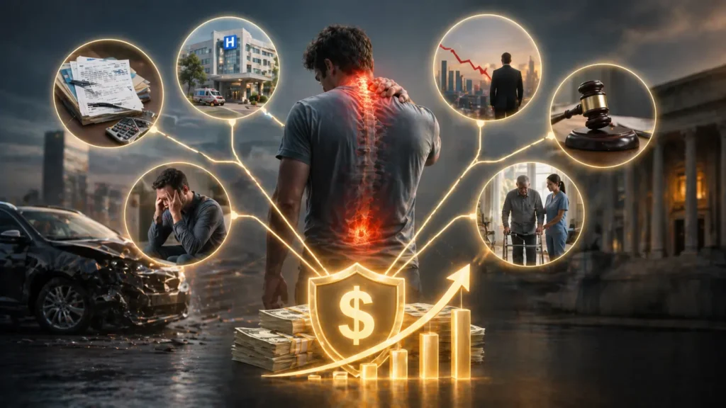Injured person surrounded by medical bills, lost income, pain indicators, and future care costs connected to a growing compensation amount