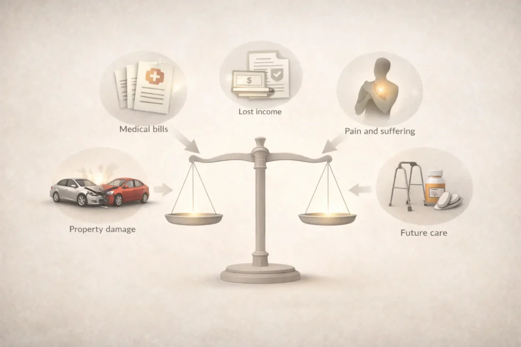 Personal injury compensation breakdown showing medical bills, lost income, property damage, and pain and suffering
