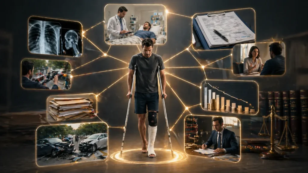 Injury claim supported by medical records, accident reports, witness statements, and financial loss documentation
