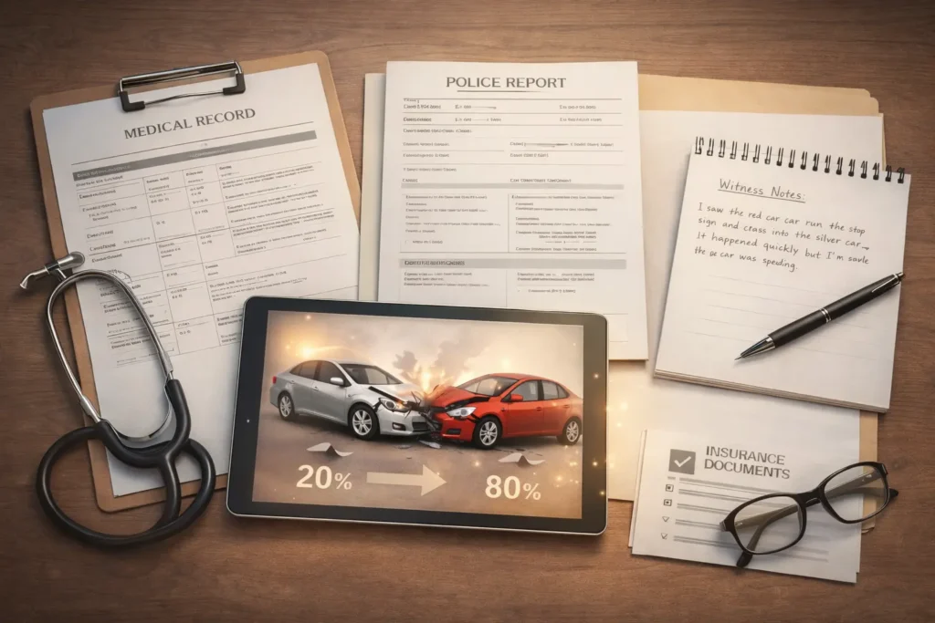 Legal evidence for personal injury claim including medical records, police report, accident photos, and insurance documents
