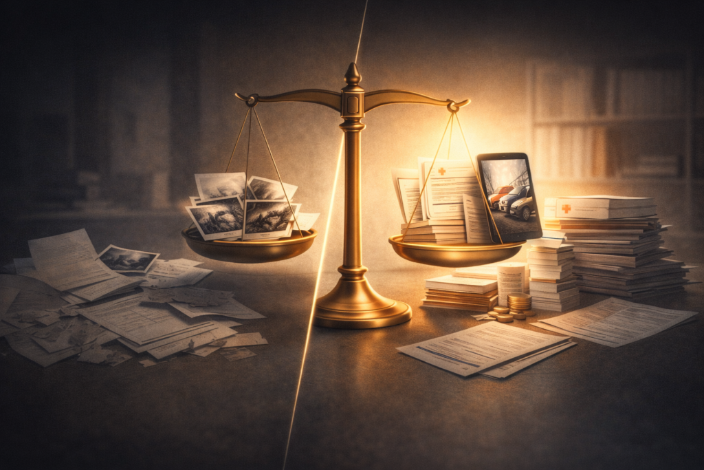 Split screen illustration comparing weak and strong personal injury evidence with organized documents increasing claim value in a negligence case