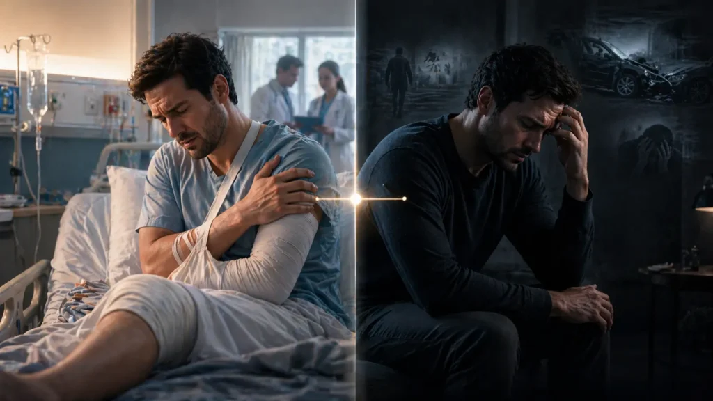 Split scene showing physical injury pain in hospital and emotional suffering like anxiety and stress after a personal injury accident