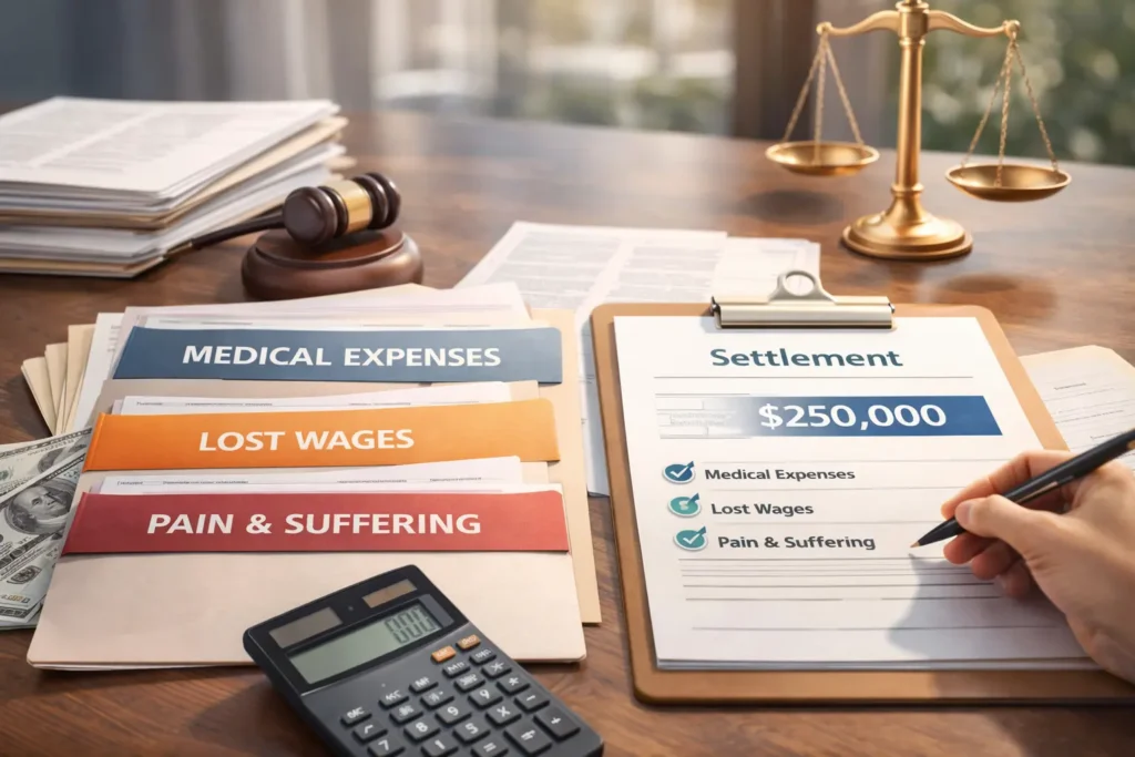 Desk scene showing personal injury compensation breakdown documents including medical expenses, lost wages, pain and suffering, settlement amount, calculator, legal documents, and scales of justice.
