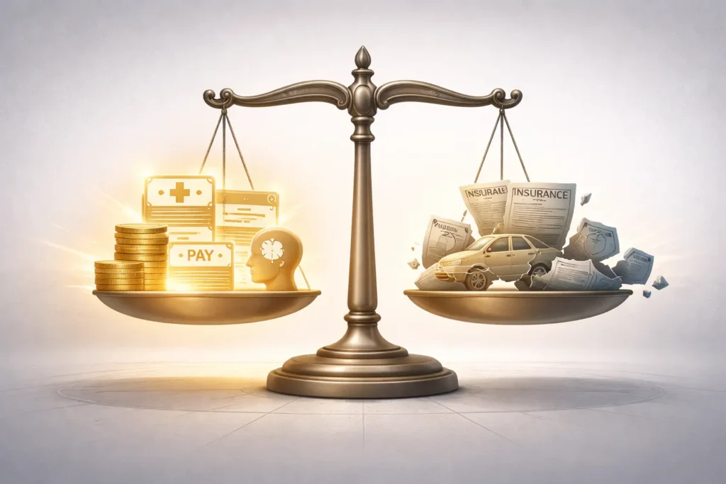 Scale of justice showing compensation like medical bills lost wages and pain and suffering outweighing insurance gaps in Atlanta rideshare accident claims