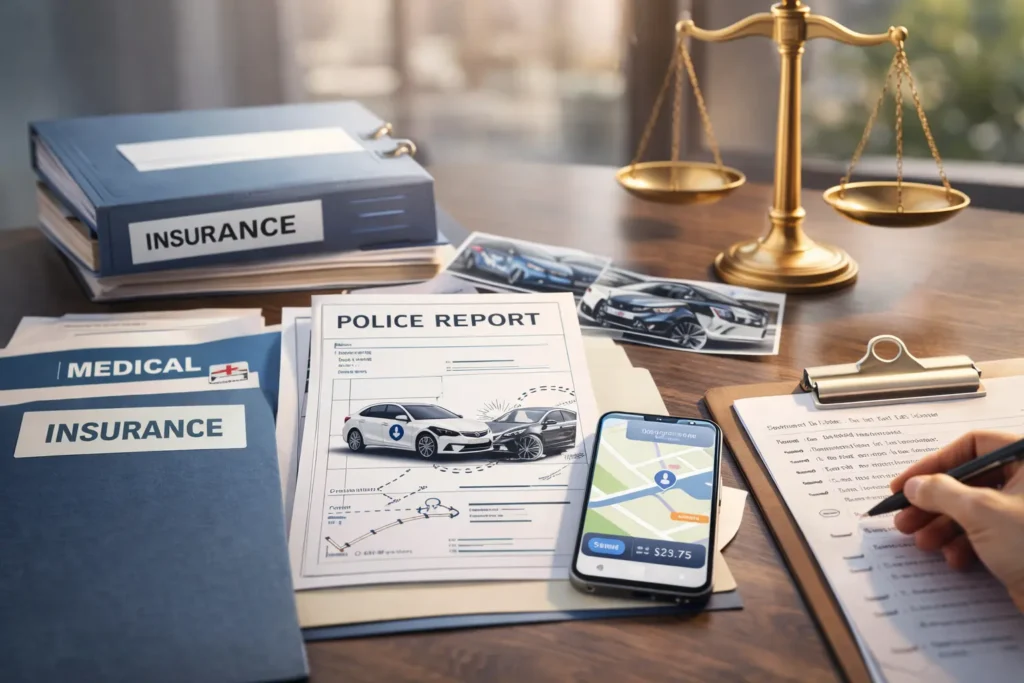 Desk scene showing rideshare accident evidence including police report, accident diagram, rideshare app screenshot on smartphone, medical records, insurance documents, photos of damaged vehicles, and legal documents.