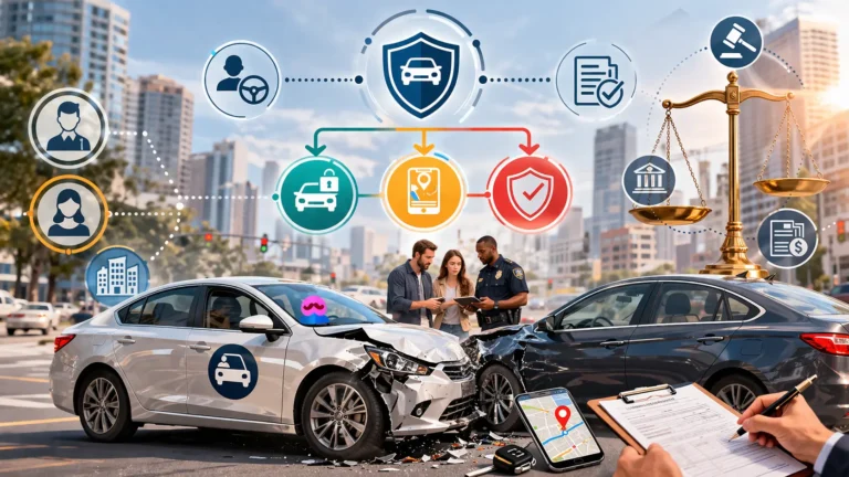 Conceptual illustration showing a rideshare accident with insurance coverage layers, liability arrows, and legal scales representing rideshare accident insurance coverage in Georgia.