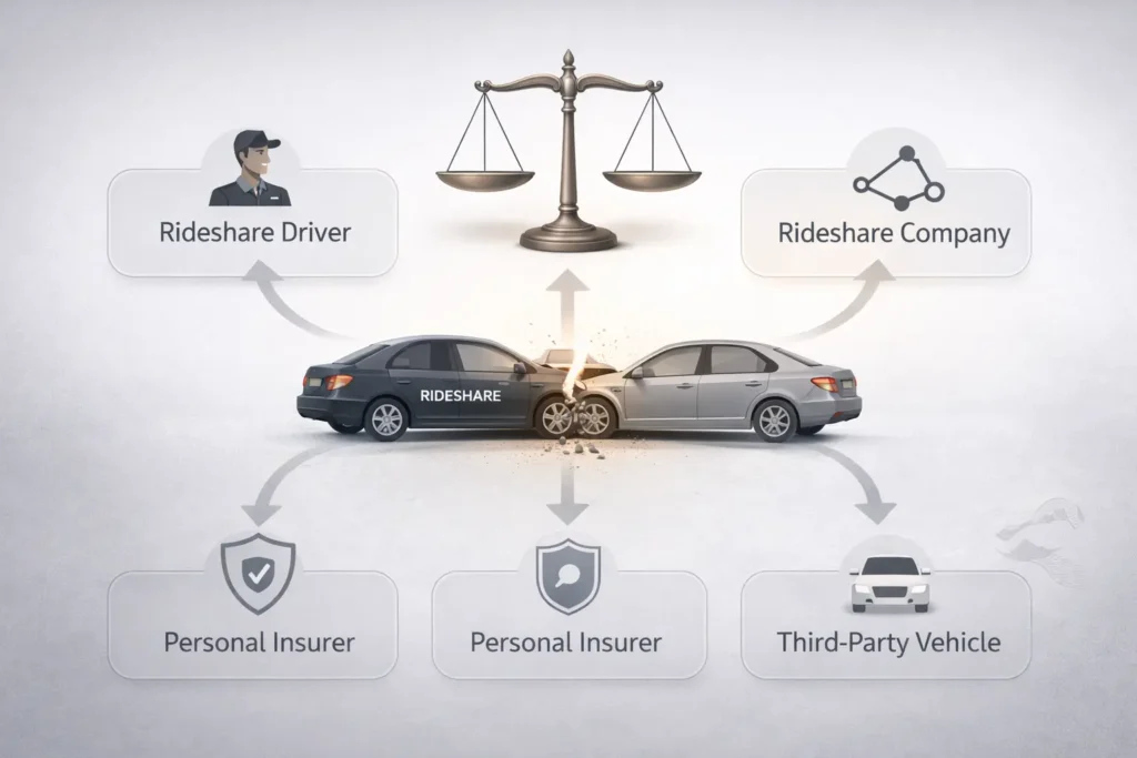 Rideshare accident liability diagram showing Uber driver Lyft company personal insurer and third party vehicle responsibility in Atlanta accident claim