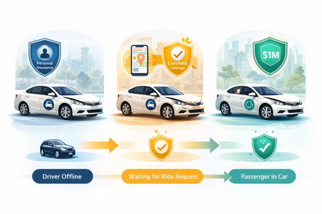 Educational infographic showing three rideshare insurance coverage phases including driver offline with personal insurance, waiting for ride request with limited coverage, and passenger in car with full rideshare insurance coverage.
