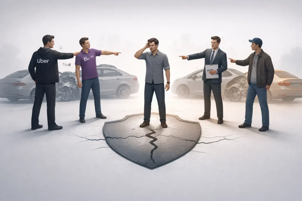 Confused accident victim surrounded by Uber Lyft and insurance companies showing rideshare insurance gap and liability confusion after accident in Atlanta