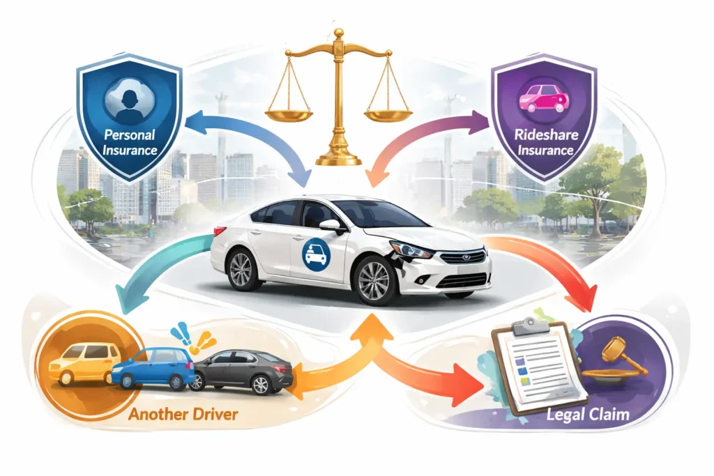 Infographic showing a rideshare vehicle with arrows pointing to personal insurance, rideshare company insurance, another driver, and legal claim representing liability and insurance responsibility after a rideshare accident.