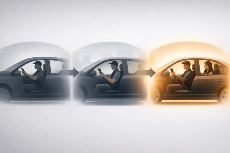 Rideshare insurance phases diagram showing Uber and Lyft driver status including app off, waiting for ride, and active trip with full coverage in Atlanta accident claims