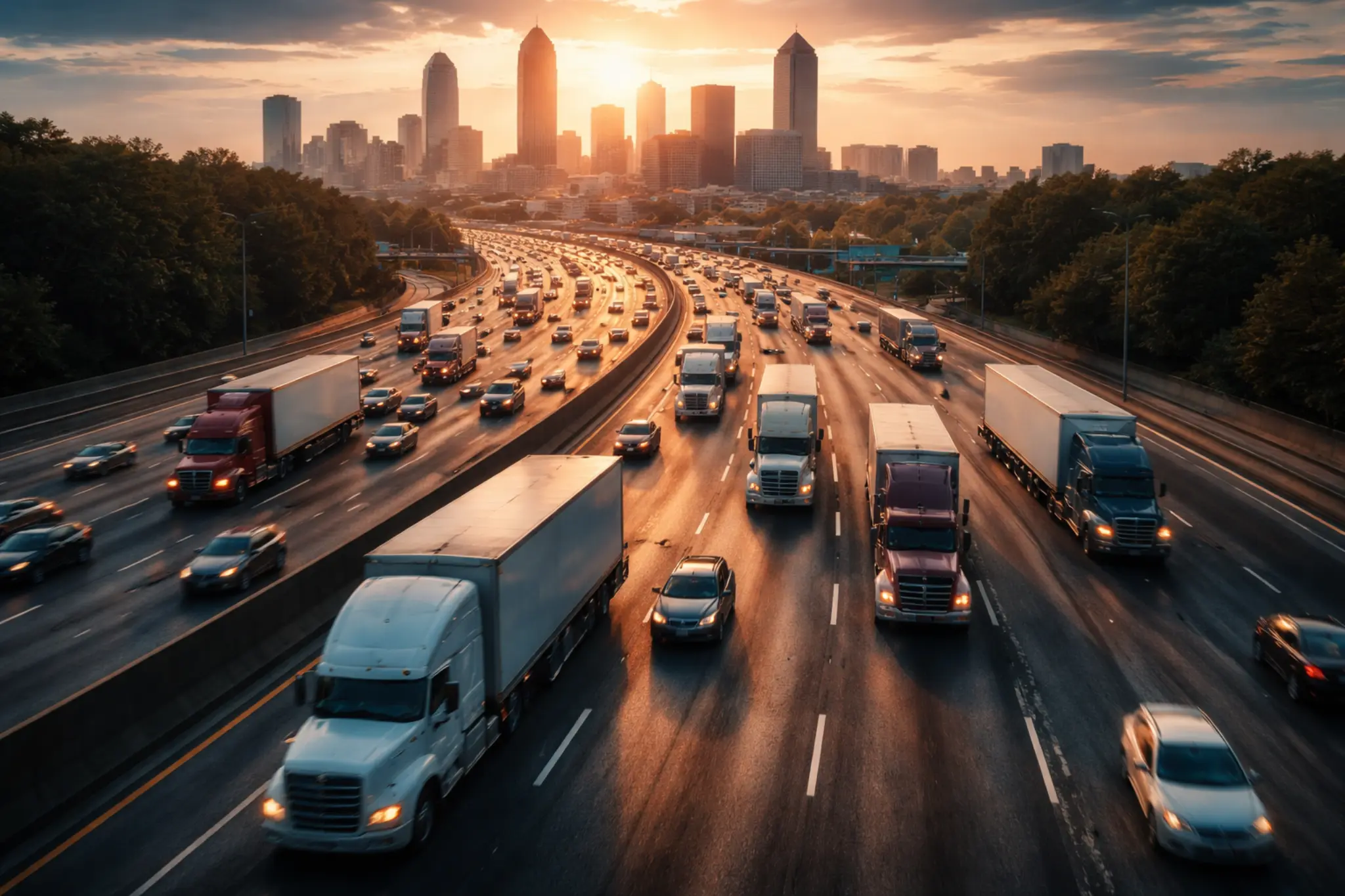 Heavy semi-truck traffic on I-75 in Atlanta showing high-risk accident conditions during rush hour