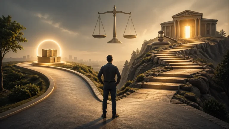 Decision path illustration showing settlement vs trial options for Atlanta injury victims after an accident, comparing faster payout vs higher compensation risk