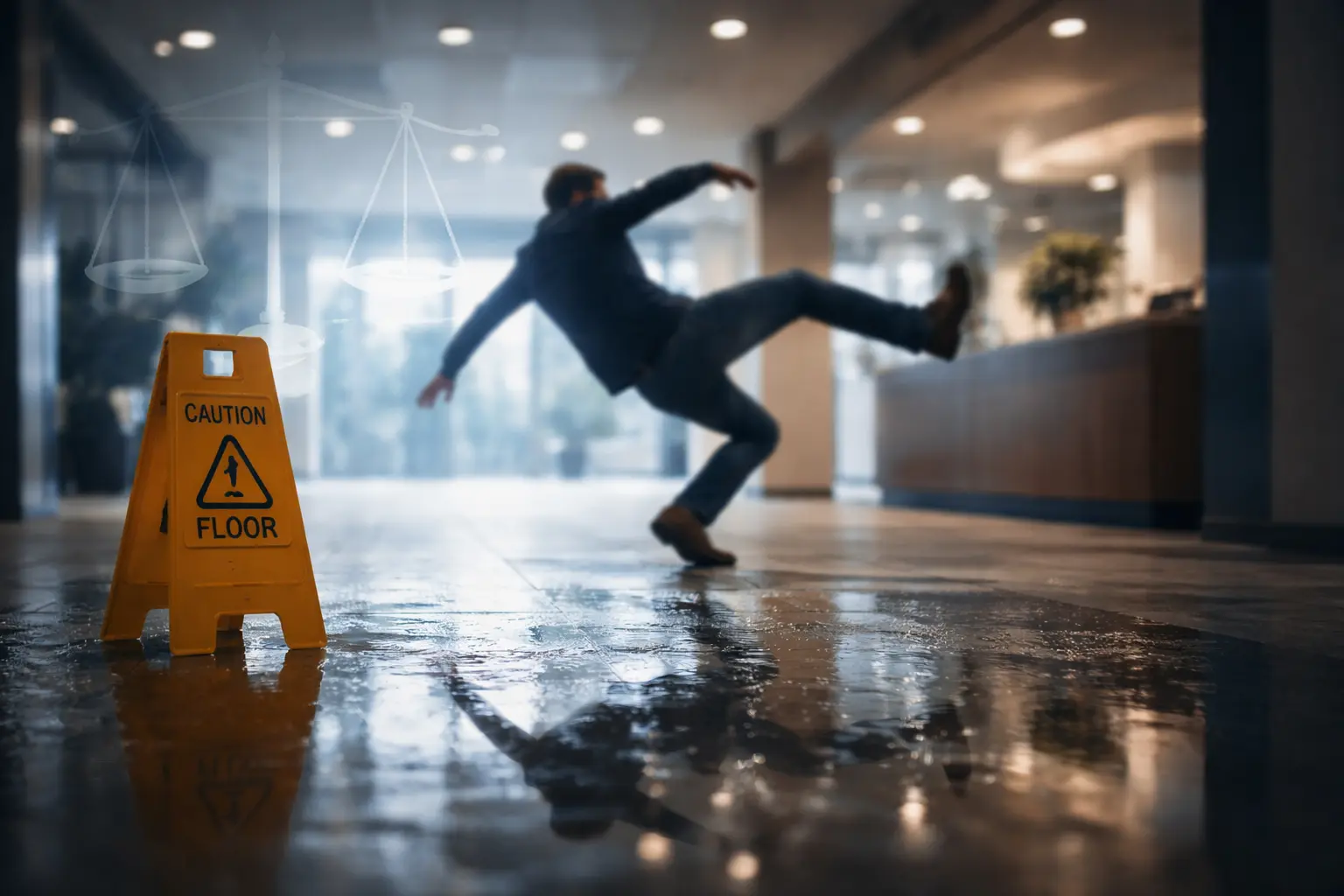 Person slipping on wet floor inside commercial property in Atlanta, showing hazard and premises liability concept