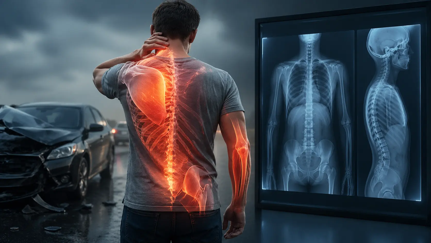 Soft tissue injuries after a car crash showing internal muscle and ligament damage despite normal X-ray results