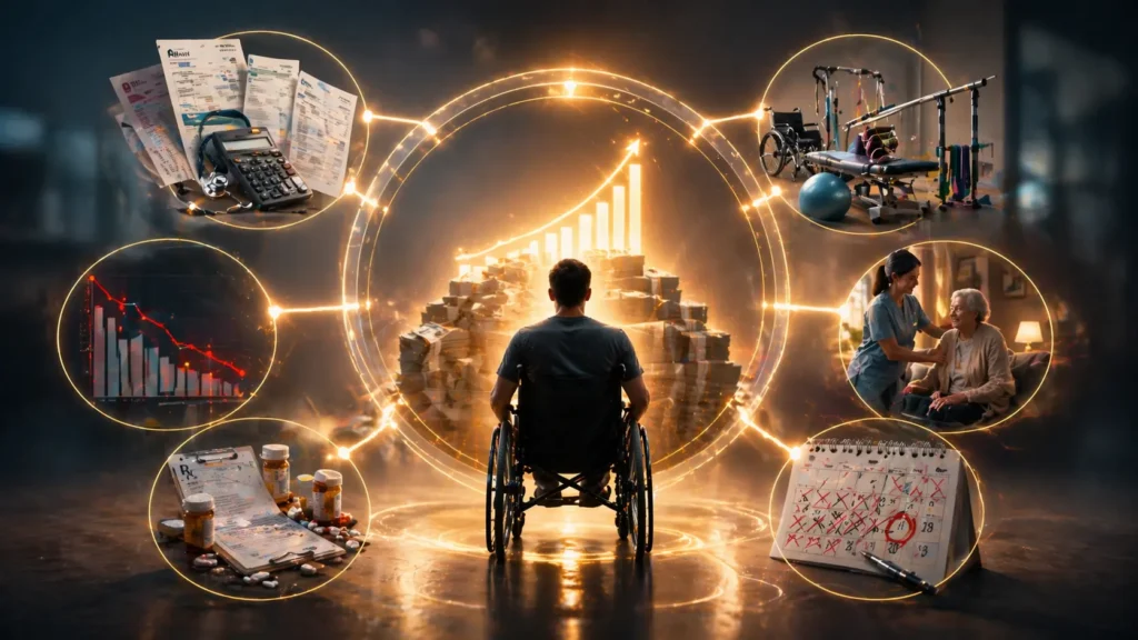 Spinal cord injury victim with medical costs, rehab, lost income, and compensation value visualization