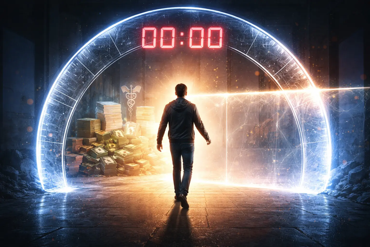 Conceptual illustration showing a person blocked by a countdown timer barrier while approaching compensation, representing statute of limitations in Georgia personal injury cases