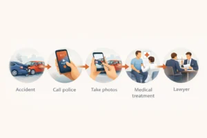 Steps to take after a delivery accident including calling police, taking photos, medical treatment, insurance claim, and lawyer consultation