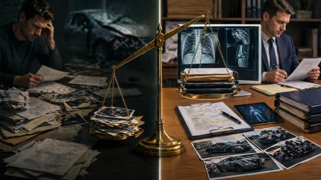Comparison of weak vs strong car accident injury case with medical evidence and documentation affecting compensation