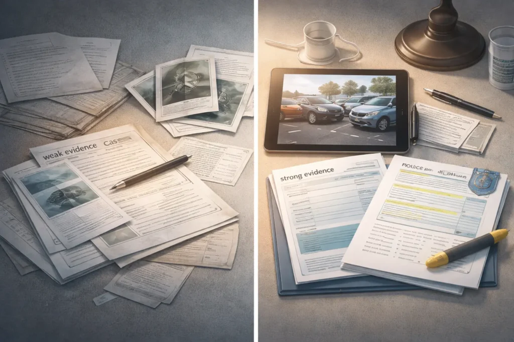 Comparison of weak versus strong injury claim evidence showing organized documents medical records and accident proof increasing settlement value