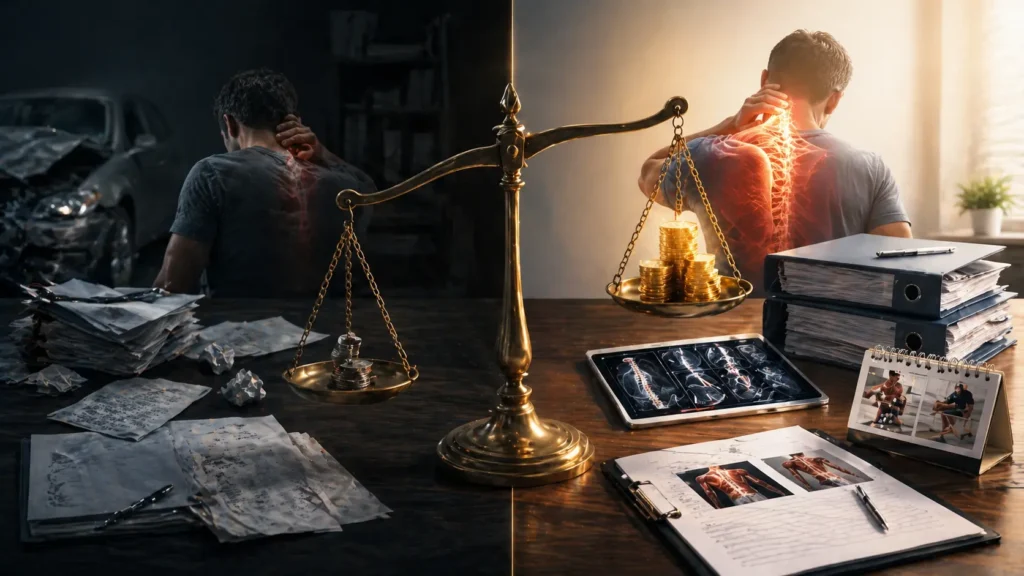Comparison of weak vs strong soft tissue injury claim showing poor documentation versus organized medical evidence and higher compensation