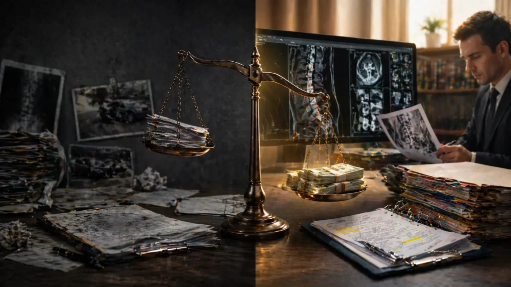 Comparison of strong vs weak truck accident injury case with organized evidence and higher compensation outcome
