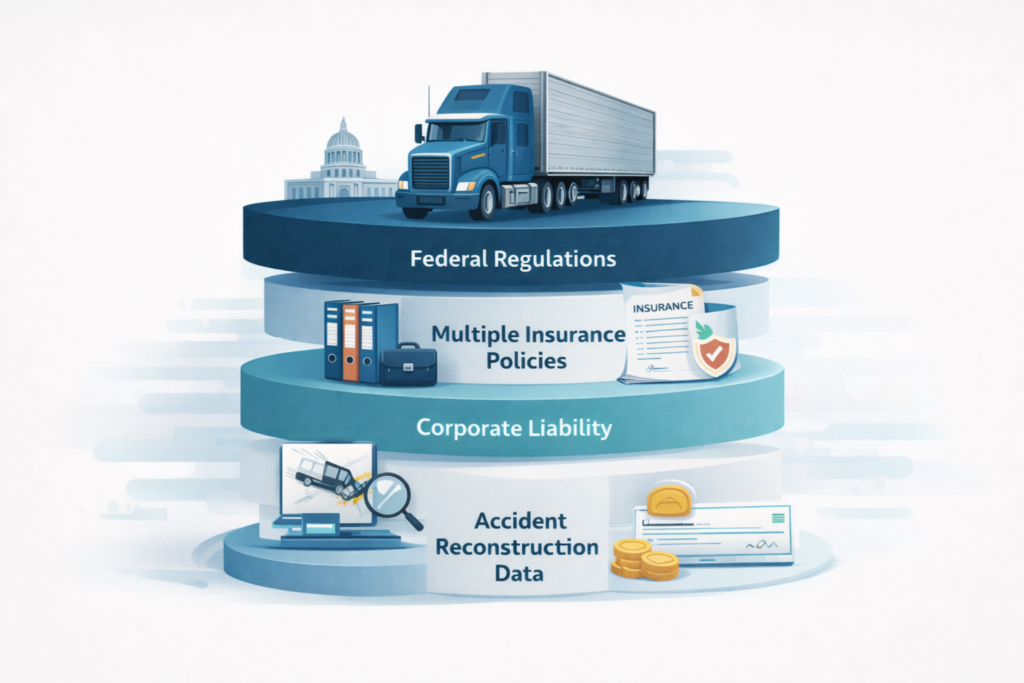 Complex truck accident case in Georgia showing federal regulations, insurance layers, corporate liability, and reconstruction data