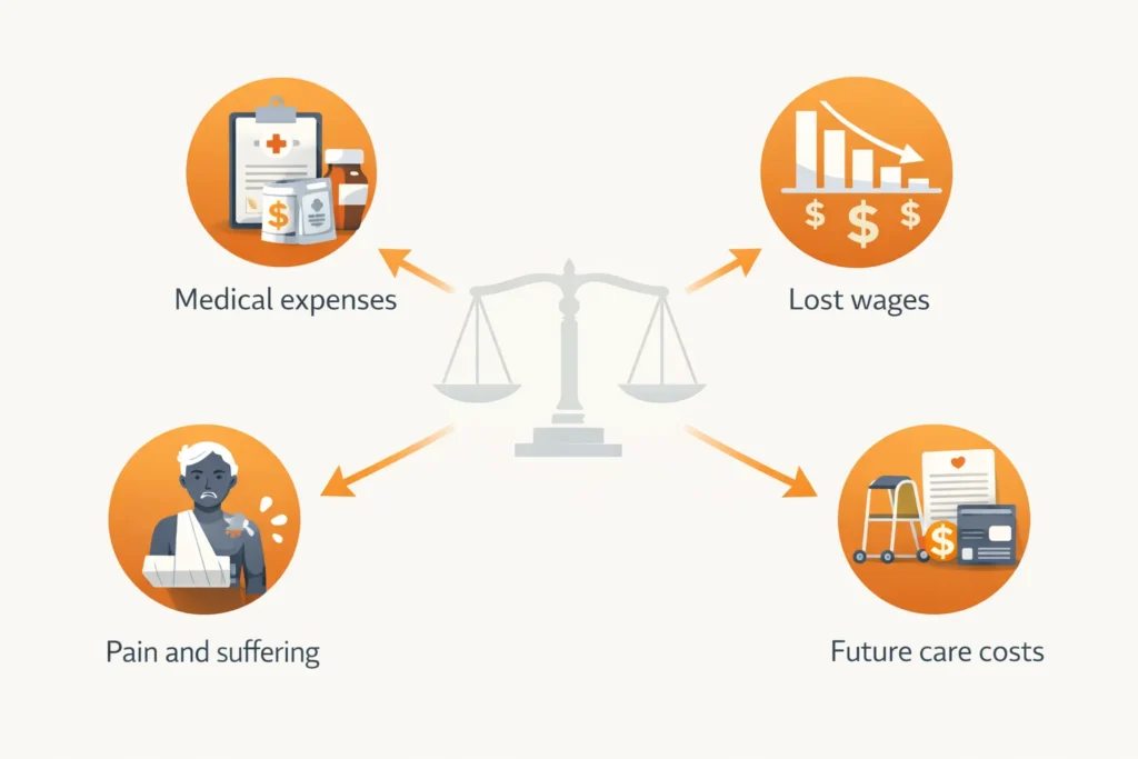 Truck accident compensation breakdown including medical expenses, lost wages, pain and suffering, and future care costs