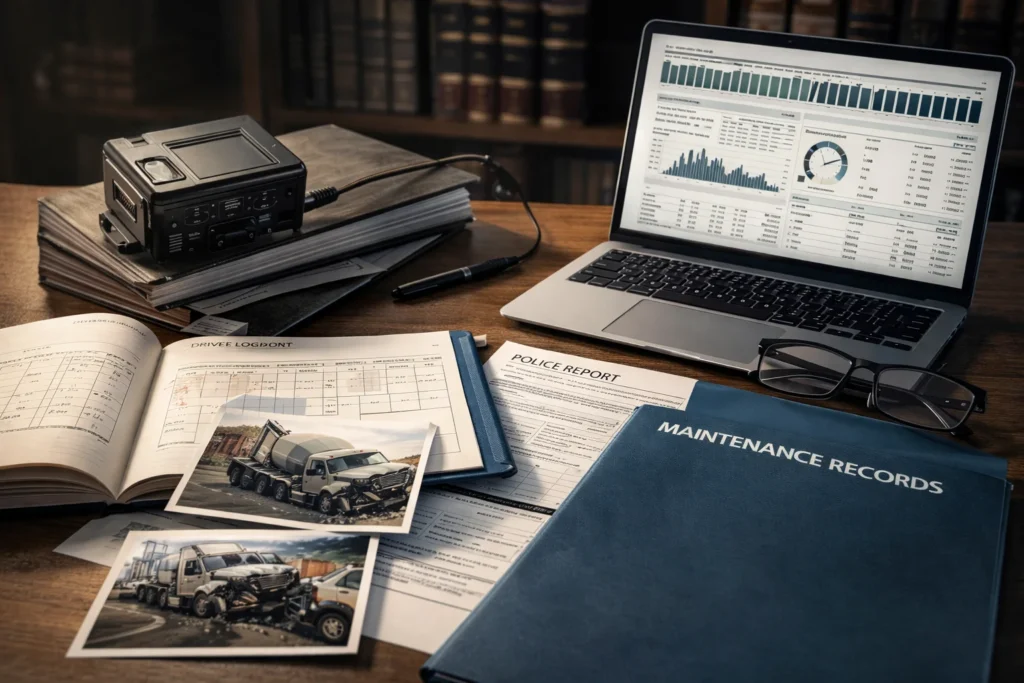 Truck accident investigation evidence including black box data, driver logbook, maintenance records, and police report on desk