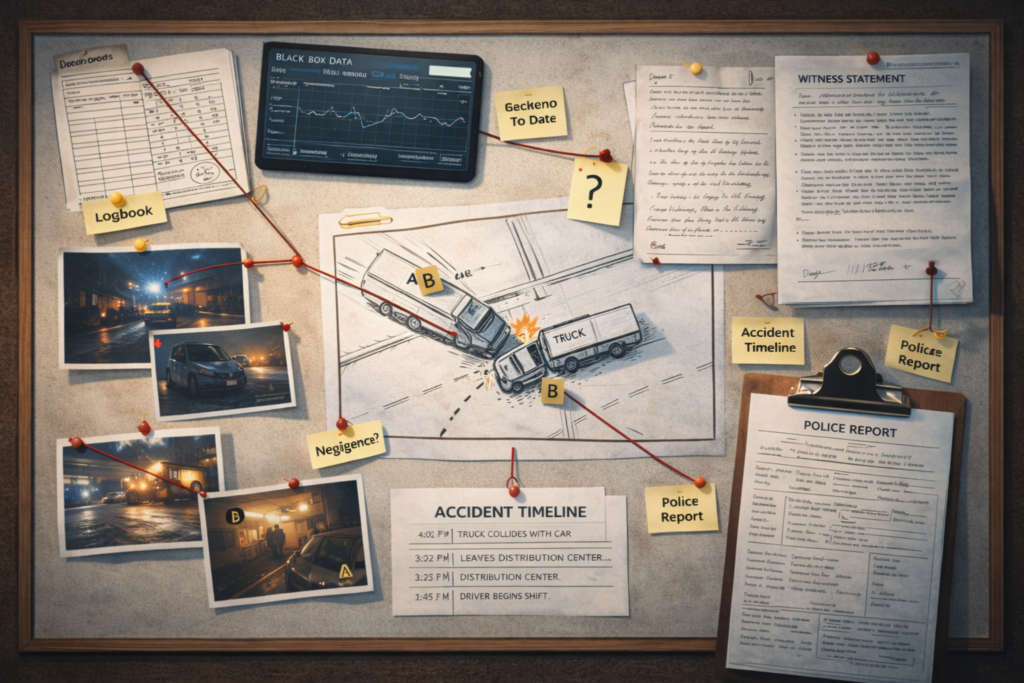 Truck accident evidence board showing driver logs, black box data, witness statements, and accident timeline analysis