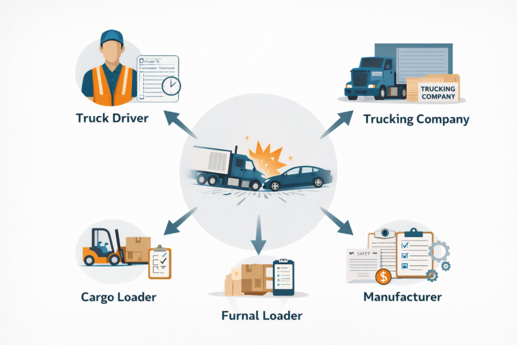 Truck accident liability in Georgia showing driver, trucking company, cargo loader, and manufacturer responsibility