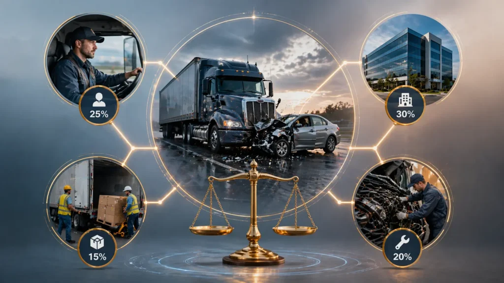 Truck accident liability showing driver, trucking company, cargo loaders, and maintenance responsibility