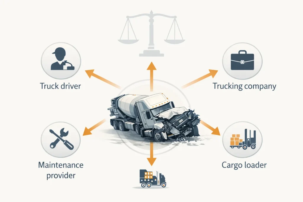 Truck accident liability diagram showing driver, trucking company, maintenance provider, cargo loader, and manufacturer responsibility
