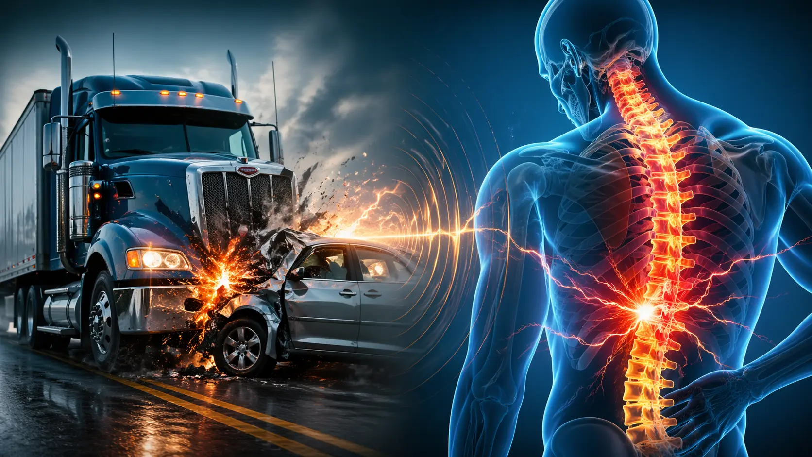 High impact truck accident causing spinal cord injury with highlighted human spine damage visualization