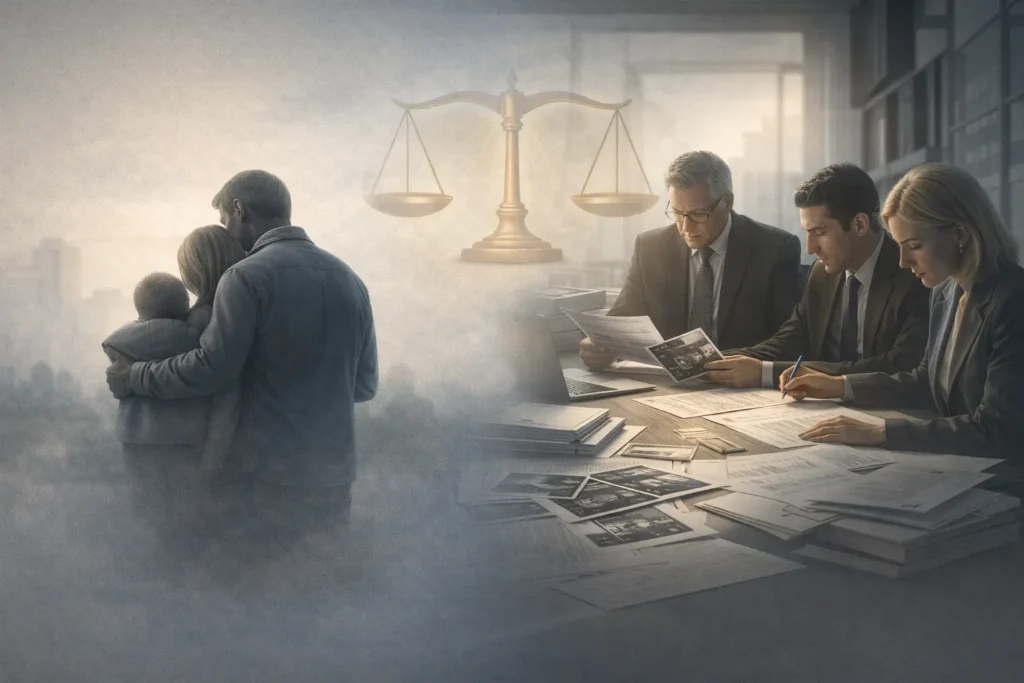 Split scene showing a family and legal team handling a wrongful death truck accident case in Atlanta connected by scales of justice