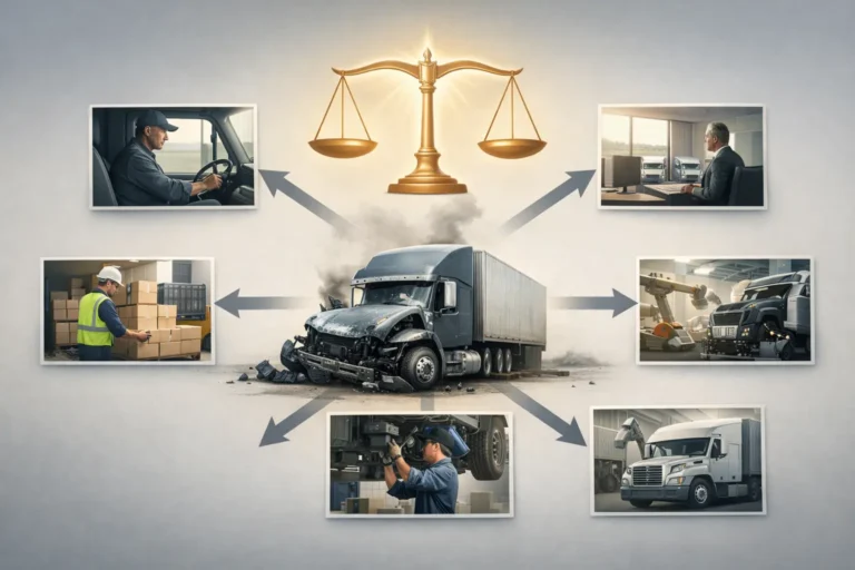 Conceptual diagram showing multiple parties responsible in a wrongful death truck accident in Atlanta including driver, trucking company, and cargo loader