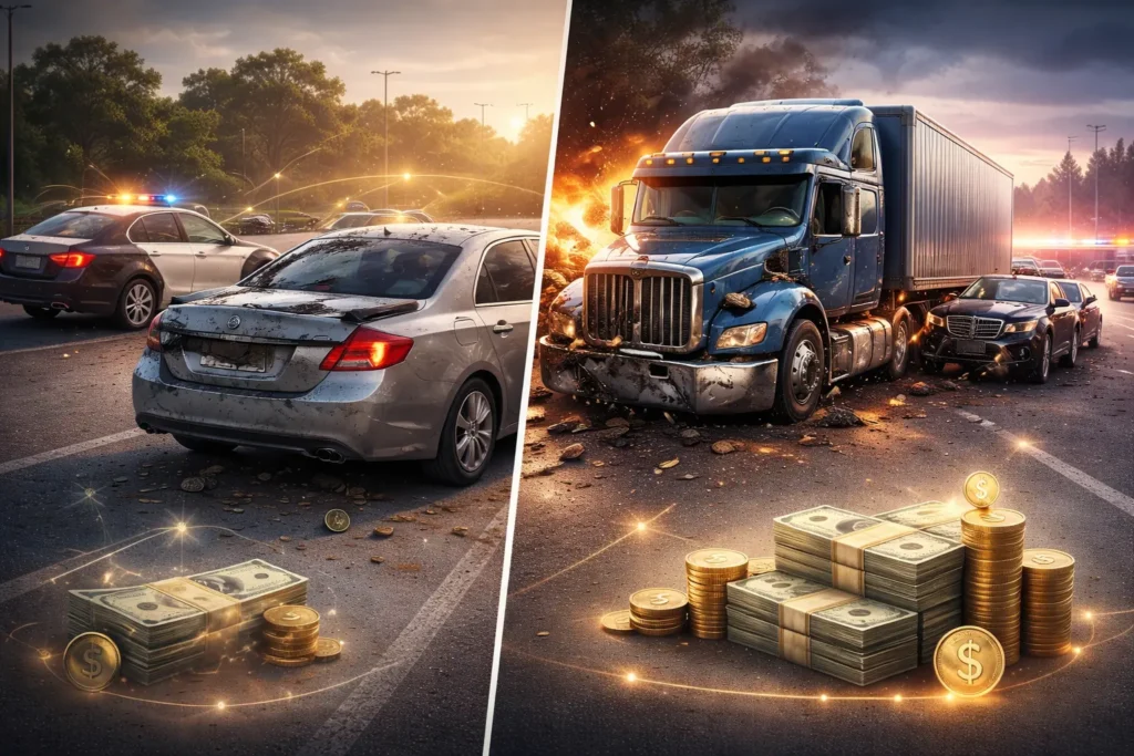 Comparison of car accident and 18-wheeler truck accident showing higher severity and compensation potential in truck-related wrongful death cases