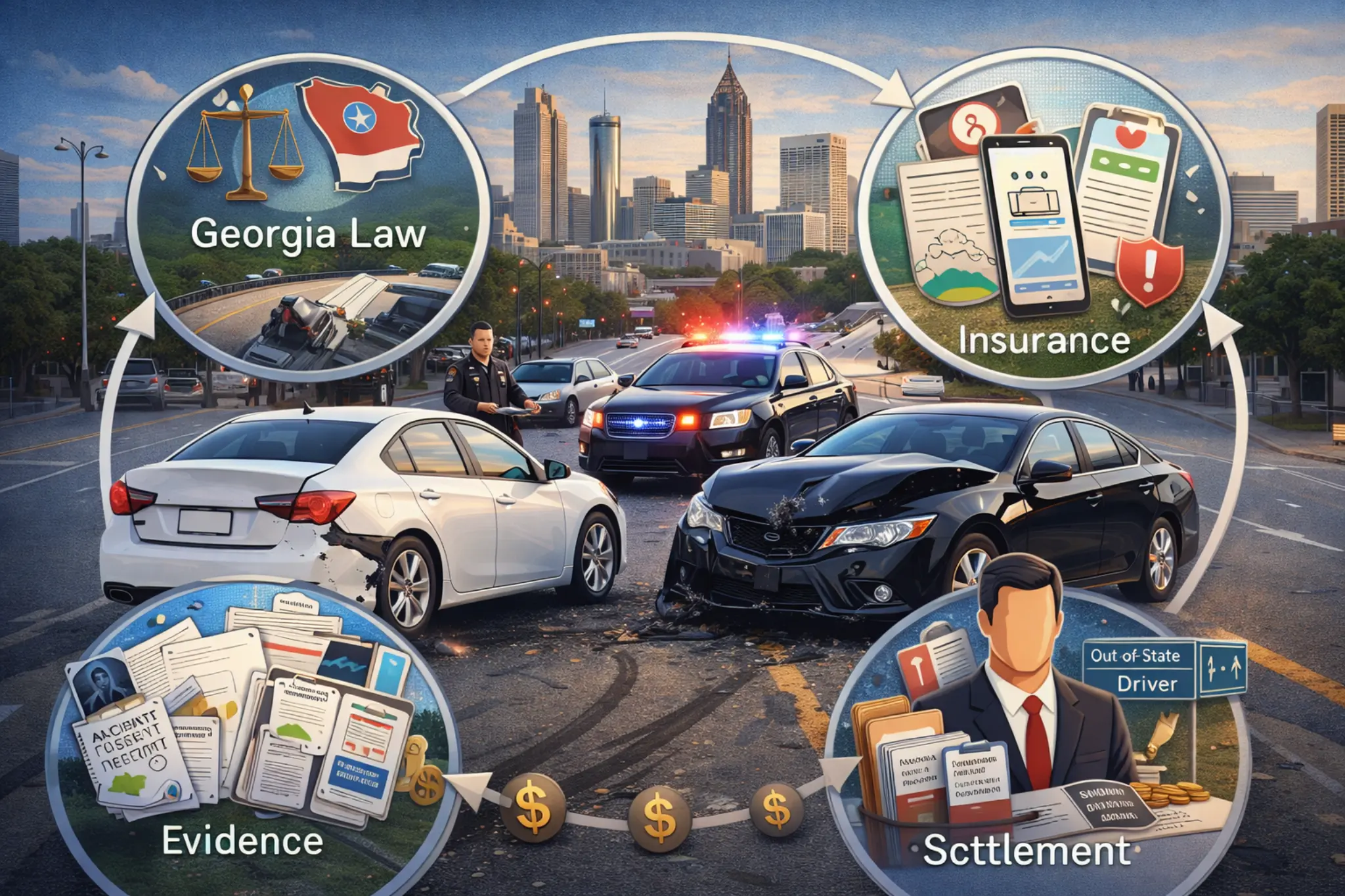 Infographic showing Uber accident legal process in Georgia including accident scene, Georgia law, insurance claims, evidence collection, and settlement compensation with Atlanta skyline.
