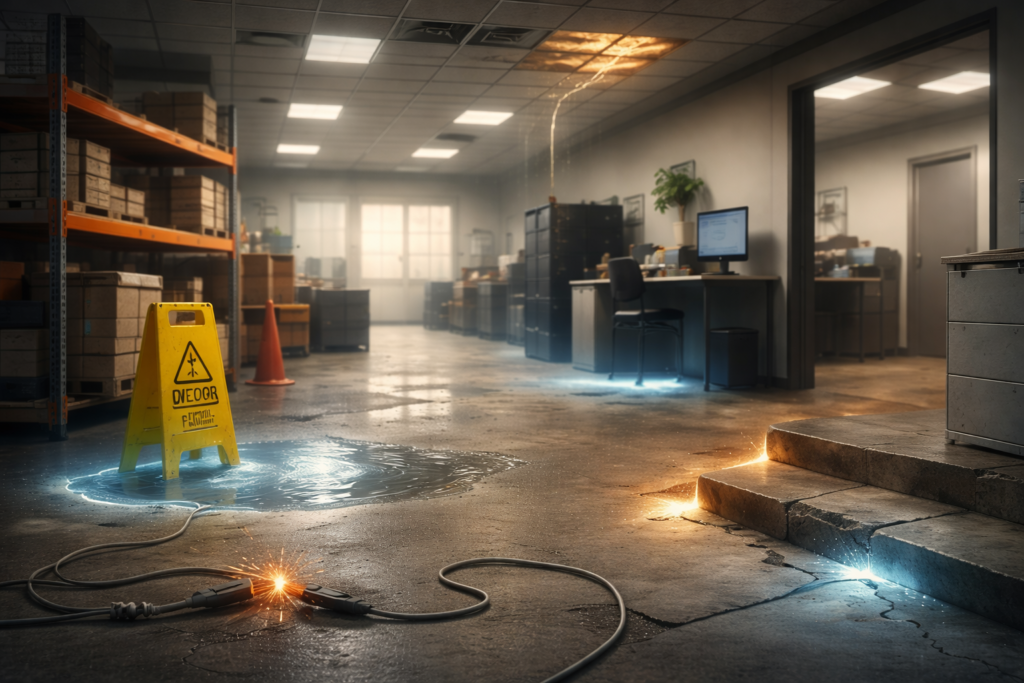 Workplace scene with hidden hazards like wet floors, damaged surfaces, and unsafe conditions highlighted in a commercial property.