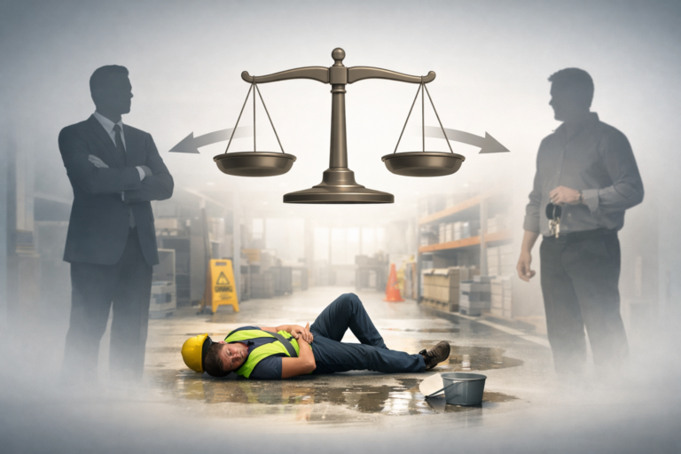Conceptual illustration of a workplace injury in Atlanta showing possible liability between an employer and a property owner.