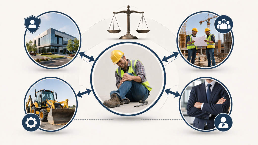 Infographic showing an injured worker connected to multiple potentially liable parties including the property owner, contractor, employer, and equipment provider.